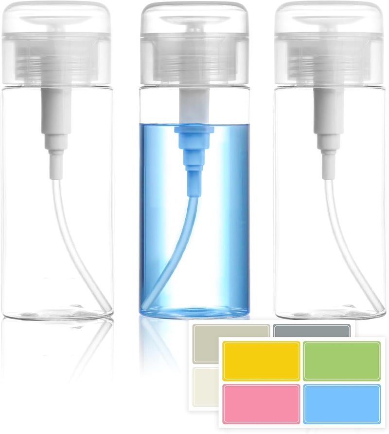 ETTSNU 3 Pack Push Down Pump Dispenser,Clear Push Top Empty Bottles with DIY Stickers for Alcohol,Nail Polish,Makeup Remover,Toner (150ml) - Image 1